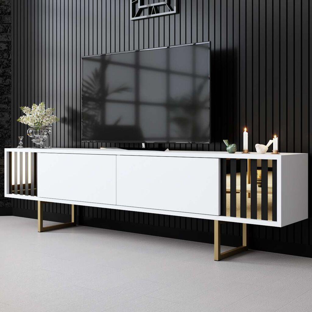 Комода за телевизор Hanah Home Gold Line, 180x48x30 см, бело-златна боја