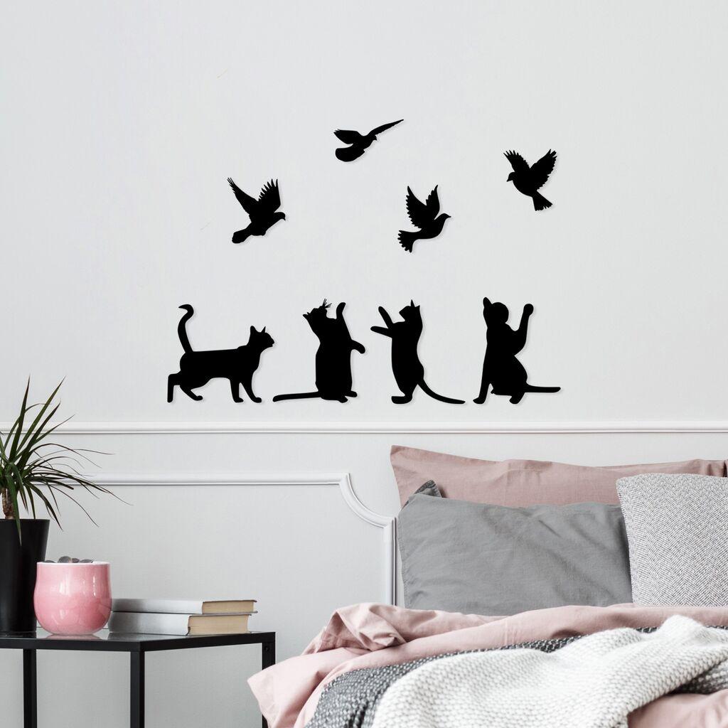 Wallity декорација за ѕид Птици кои си играат со мачки, 79x110 см, 1,5 мм, црна