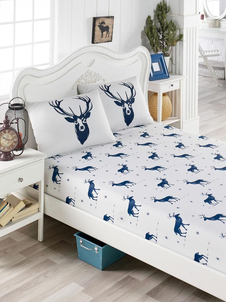 Комплет чаршафи L'essentiel Maison и 2 навлаки за перници Geyik, 160x200+20 cm, White-navy