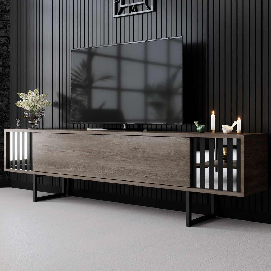 Комода за телевизор Hanah Home со хромирана линија, 180x48x30 см, кафеаво-црна