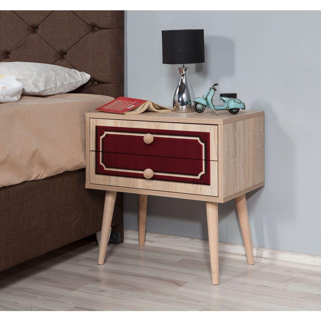 HANAH HOME Ноќна масичка Two 621, 2 фиоки, 60x61x40 см, крем-бордо боја