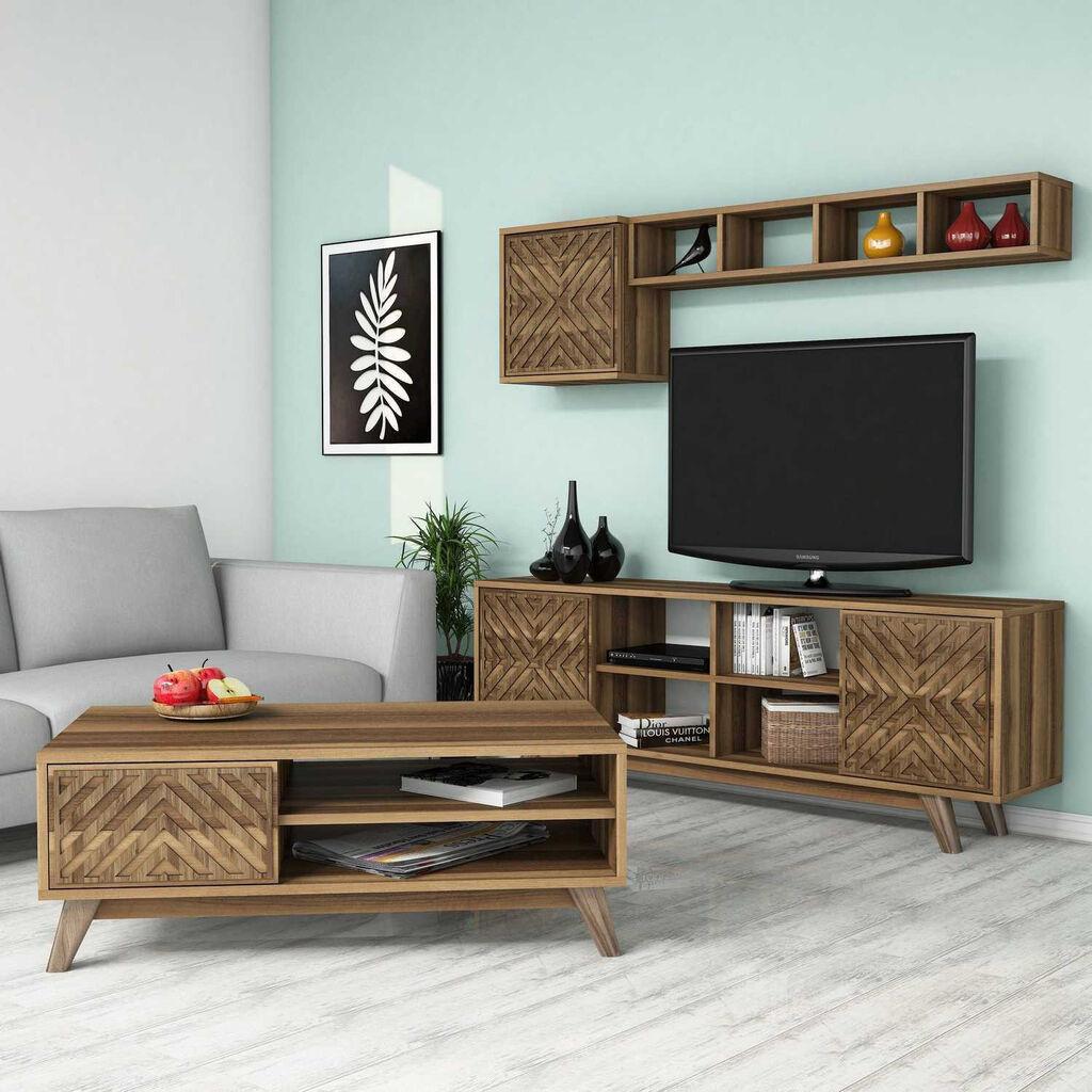 Hanah Home Set ТВ шкаф и клуб маса Inci, 4 парчиња, орев