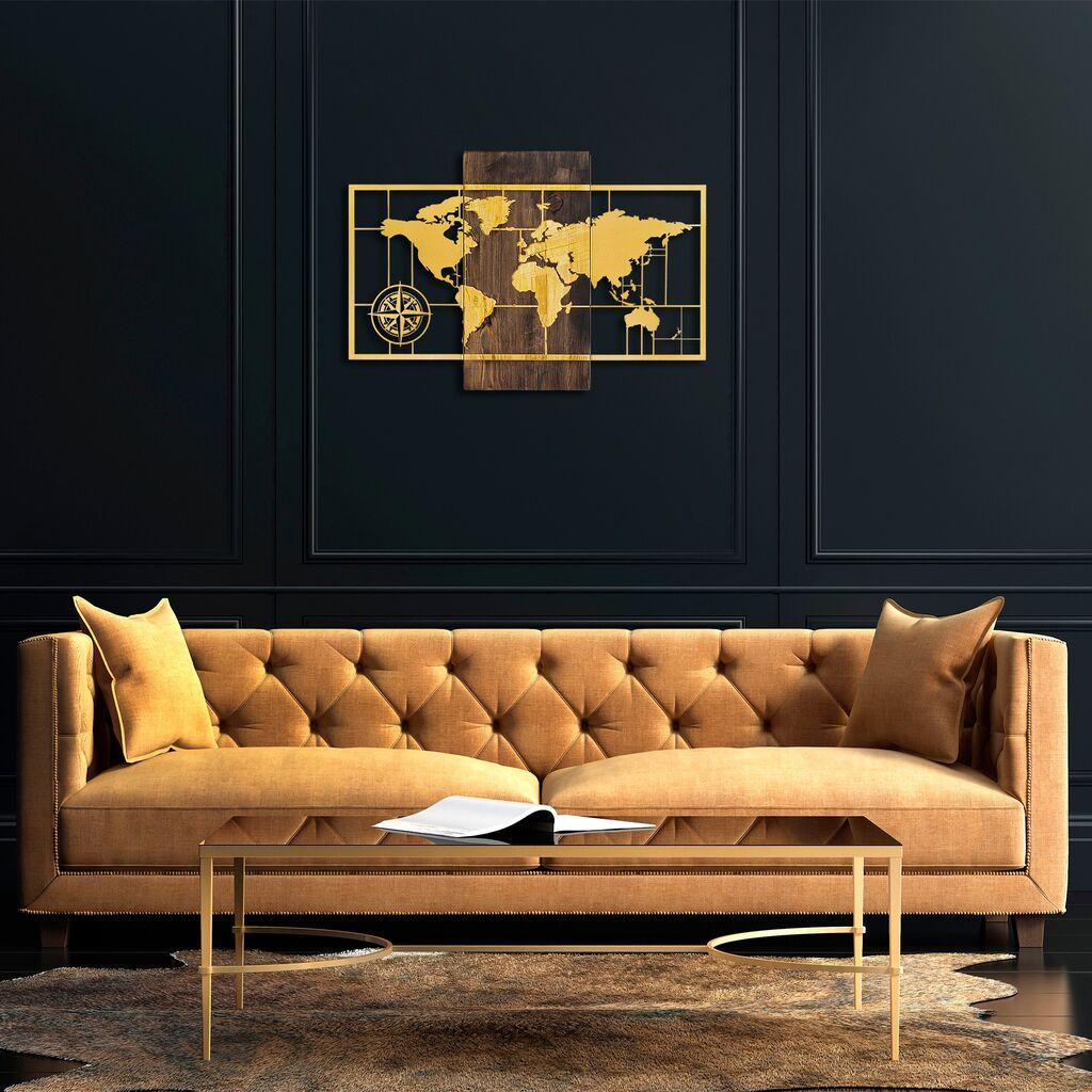 Wallity dzидна декорација Светска мапа со компас, 58x85 см, златни бои