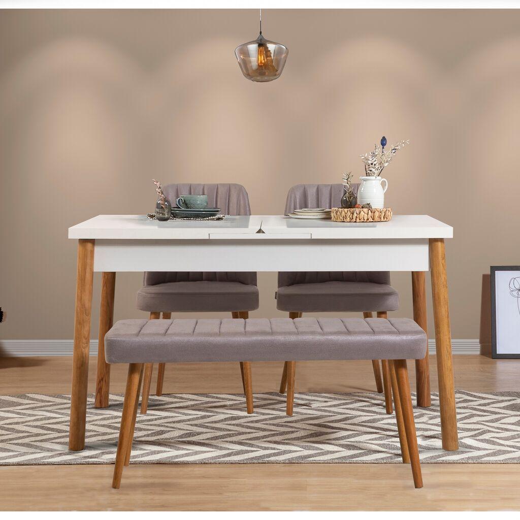 Hanah Home Set Трпезариска маса, 2 трпезариски столчиња и клупа Santiago Бела Атлантик, Сива