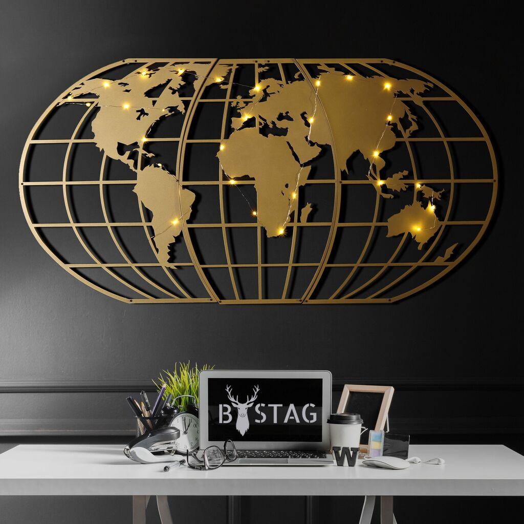 Wallity dzидна декорација со Светска мапа, LED глобус, 60x120 см, златна боја