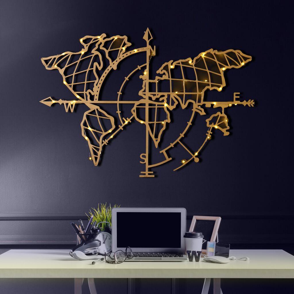 Wallity dzидна декорација со мапа на светот, компас LED, 65x95 см 2 мм, златни бои