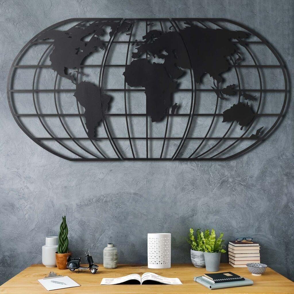 Wallity dzидна декорација со Светска мапа, LED глобус, 60x120 см, црна