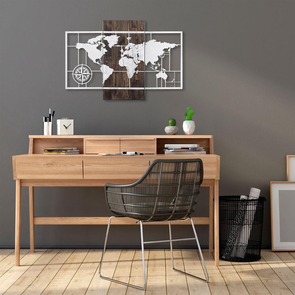 Wallity dzидна декорација Светска мапа со компас - сребрена, 58 x 85 см, кафеава