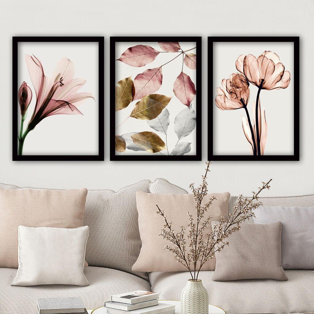 Wallity Три слики од цвеќиња со рамка 35x45 см розова