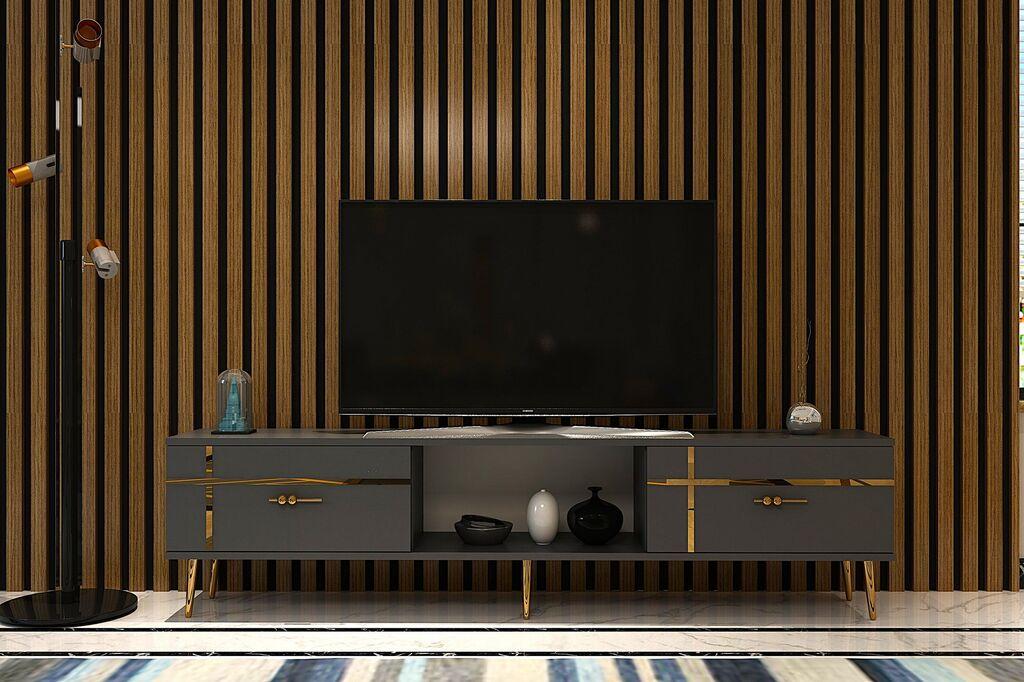 Hanah Home TV комода Line, 150x40,6x29,6 см, антрацит-златна боја