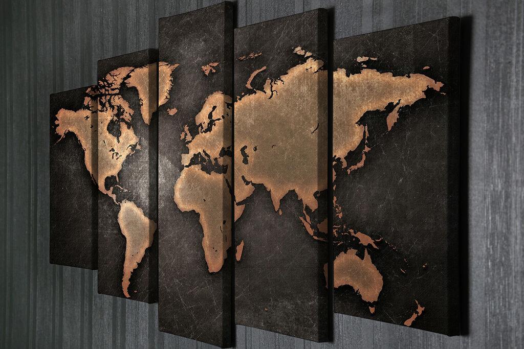 Wallity Five слики од светската мапа 105x70 см црна