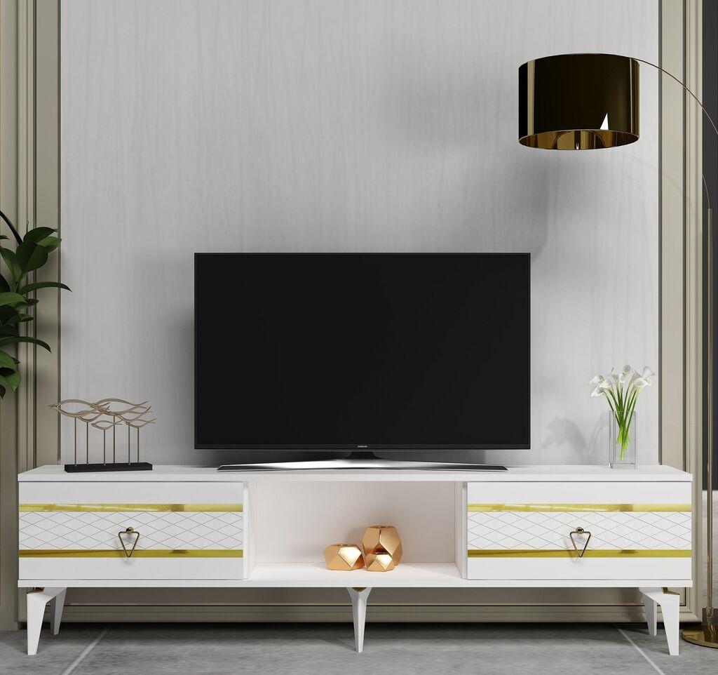 Комода за телевизор Hanah Home од пелин, 150x44.6x29.6 см, бело-златна боја