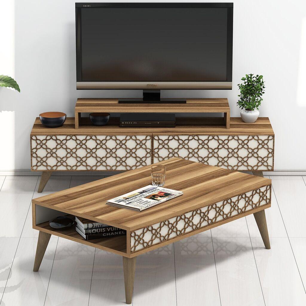 Hanah Home Set ТВ комода и клуб маса Сити, кремаста во боја на орев