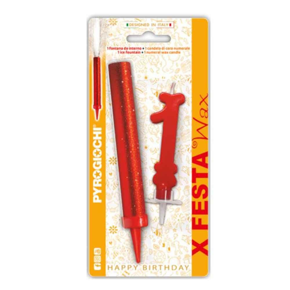 Pyrogiochi Прскалка + свеќа, За на торта, Број 1, 14,5цм,  X Festa, 41291,Црвена