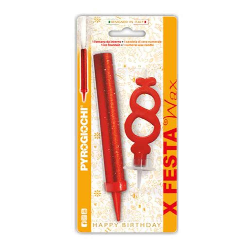 Pyrogiochi Прскалка + свеќа, За на торта, Број 8, 14,5цм,  X Festa, 41298,Црвена
