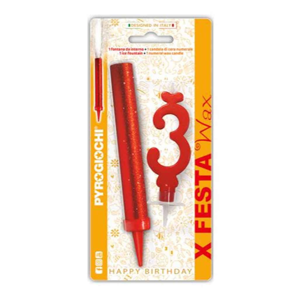 Pyrogiochi Прскалка + свеќа, За на торта, Број 3, 14,5цм,  X Festa, 41293,Црвена