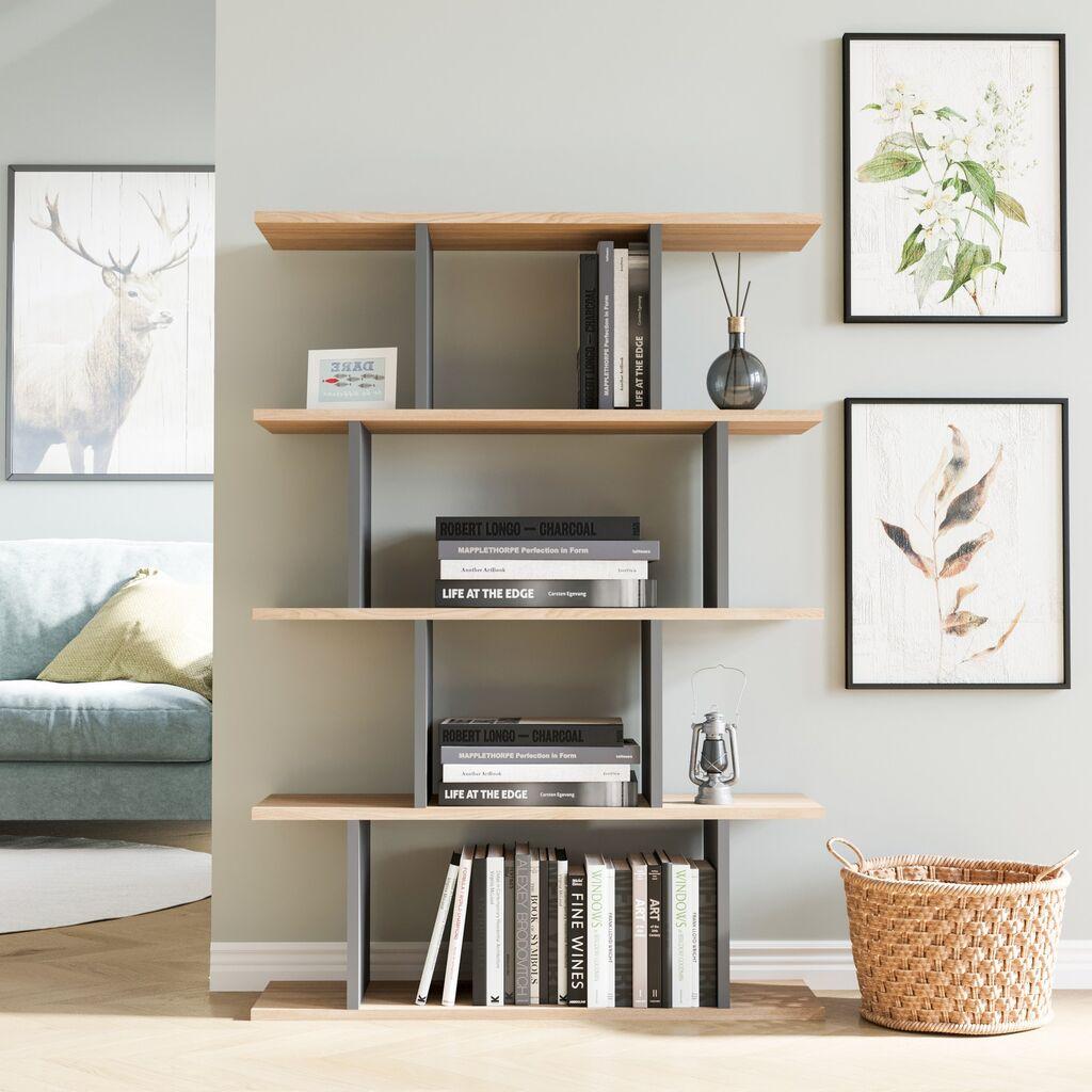 Полица за книги Hanah Home Harmon Oak Anthracite 90x25x127.4 см, беж-сива