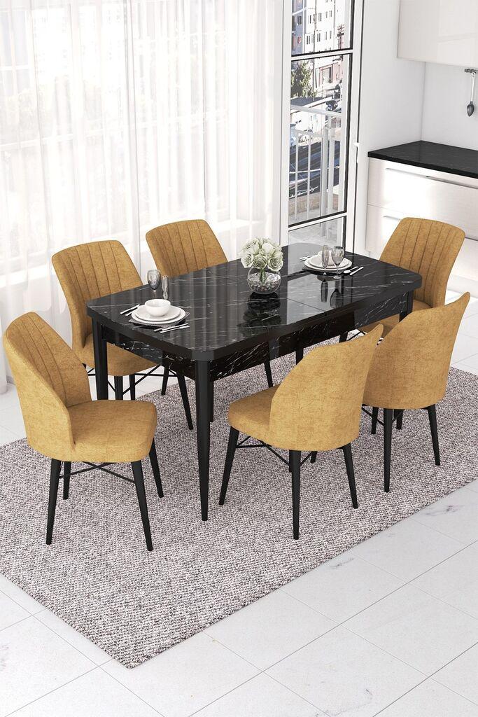 Hanah Home Set Трпезариска маса и 6 столчиња Неф, окер-црна