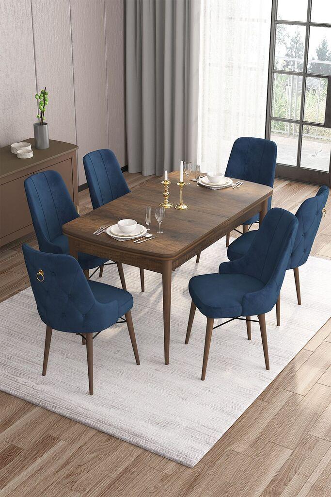 Трпезариска маса Hanah Home Set со 6 столчиња, сино-кафеава