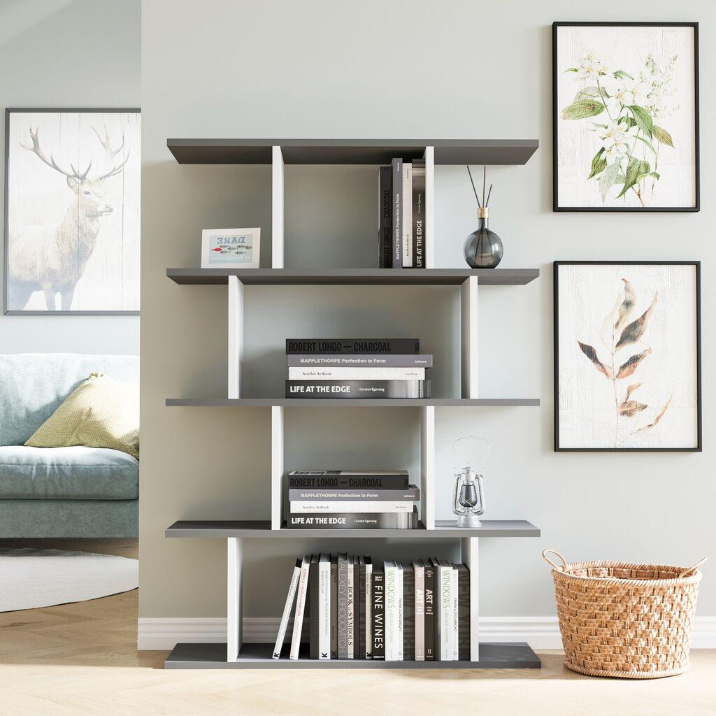 Полица за книги Hanah Home Harmon во бела боја на антрацит 90x25x127.4 см, сиво-бела