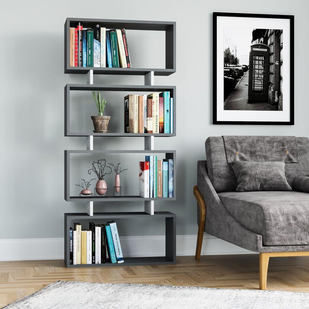 Полица за книги Hanah Home Langdon Антрацит во бела боја 72,5x25x161 см, сива