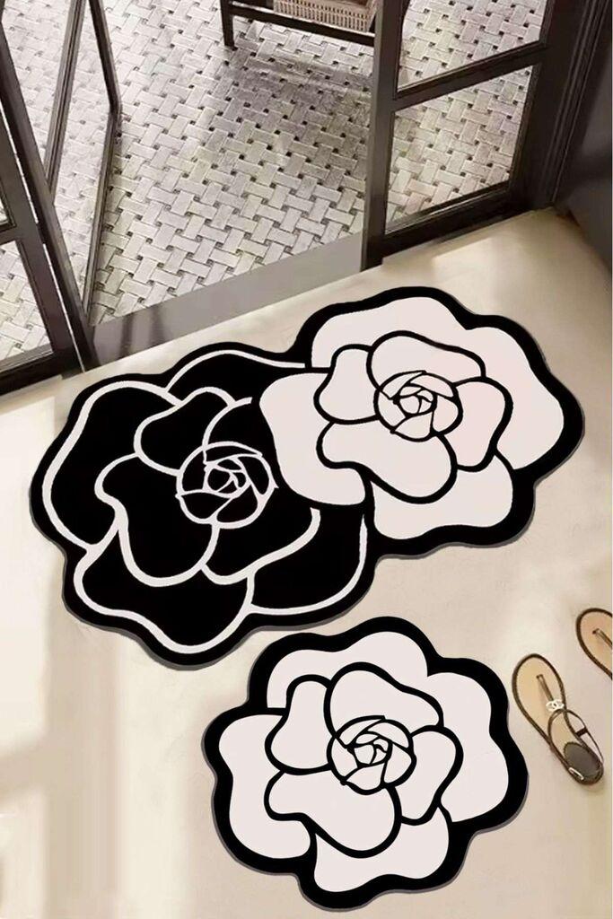 Комплет теписи за бања L'essentiel Maison Bungari Rose, 2 парчиња, црно-бели