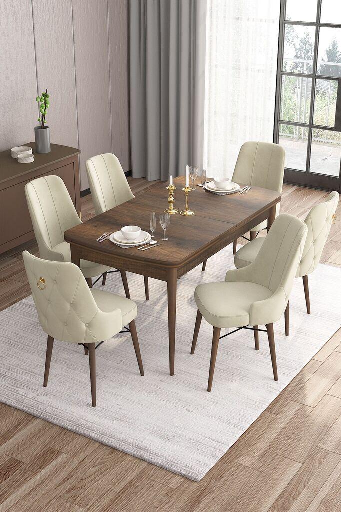 Трпезариска маса Hanah Home Set со 6 столчиња, кремасто-кафеава