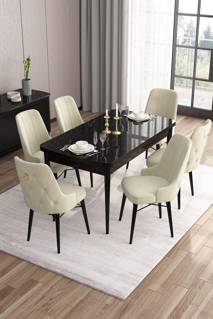 Hanah Home Set Трпезариска маса и 6 столчиња, крем-црна