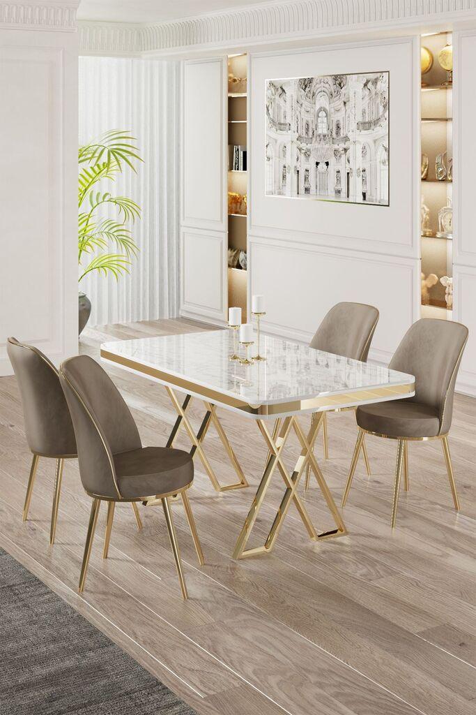 Hanah Home Set Трпезариска маса и 4 столчиња, беж и бела боја