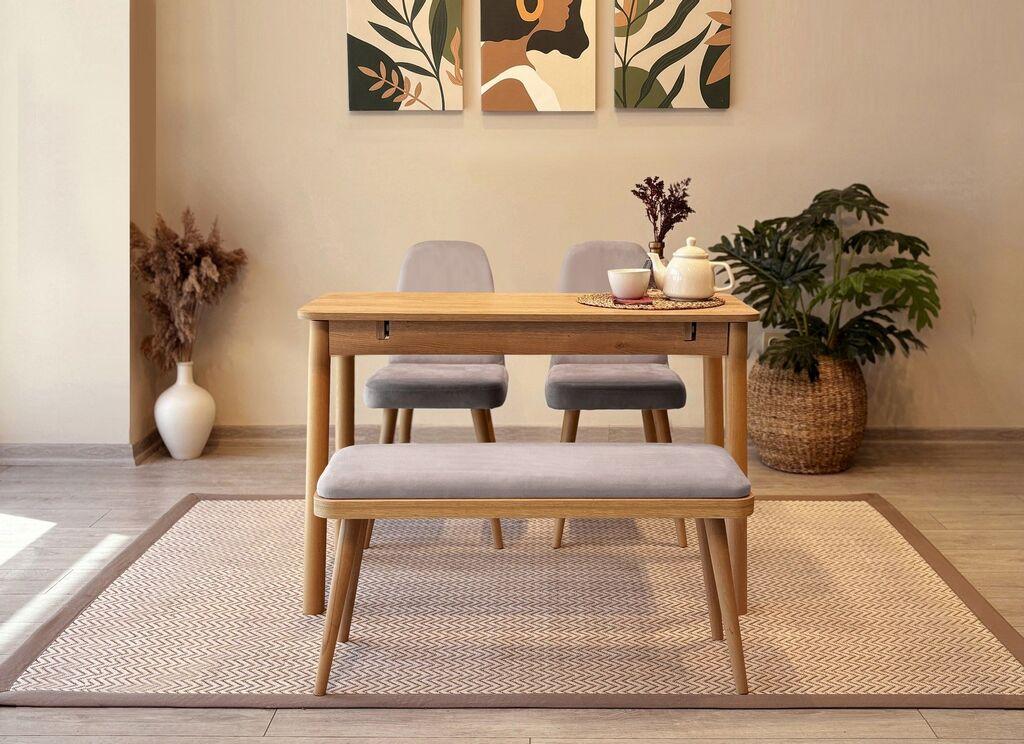 Hanah Home Set Трпезариска маса, 2 трпезариски столчиња и клупа Vina Mini 01 0701, светло сива