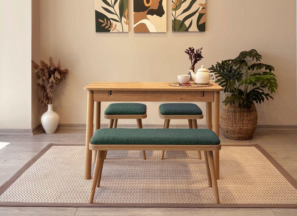 Hanah Home Set Трпезариска маса, 2 трпезариски столчиња и клупа Vina Mini 04 1070, зелена