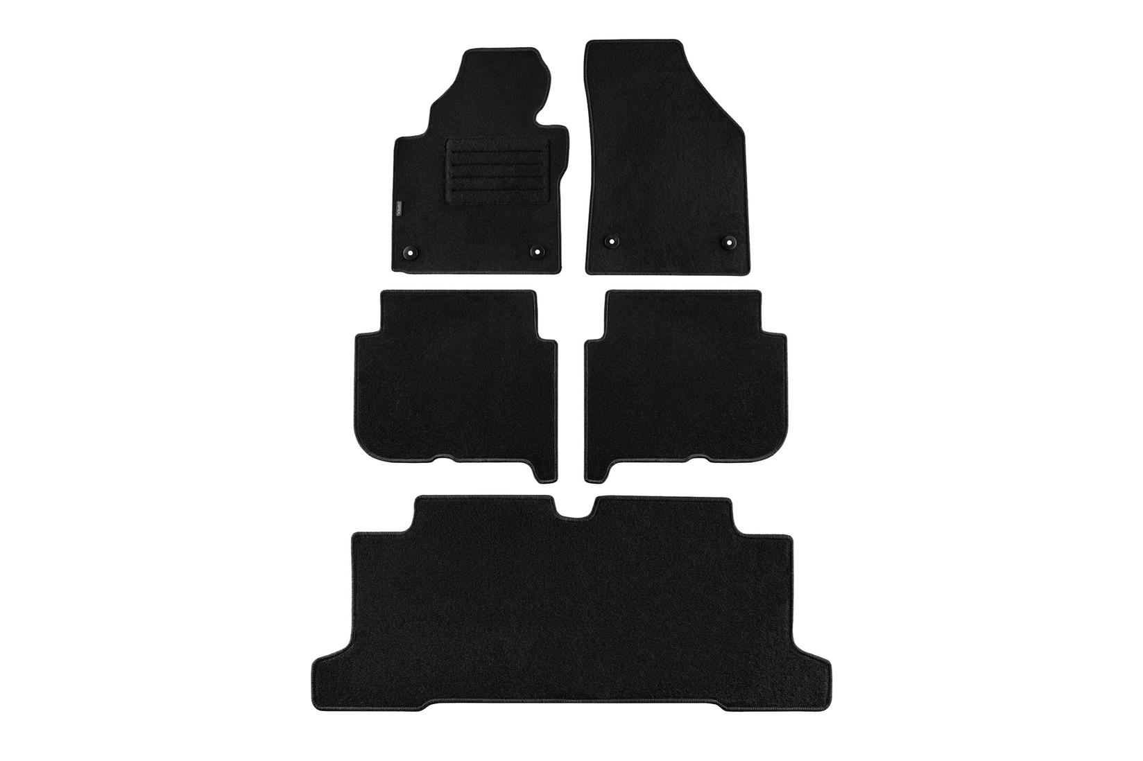 PETEX Платнени патосници за VW Touran 2007-2015, 7 места, 5 дела, црни со округли отвори, материјал Rex, захват B014