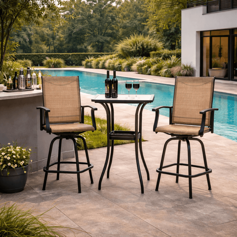 VERANO Бар сет маса + 2 вртливи столици HY-001 (Беж мрежа / Црна конструкција)