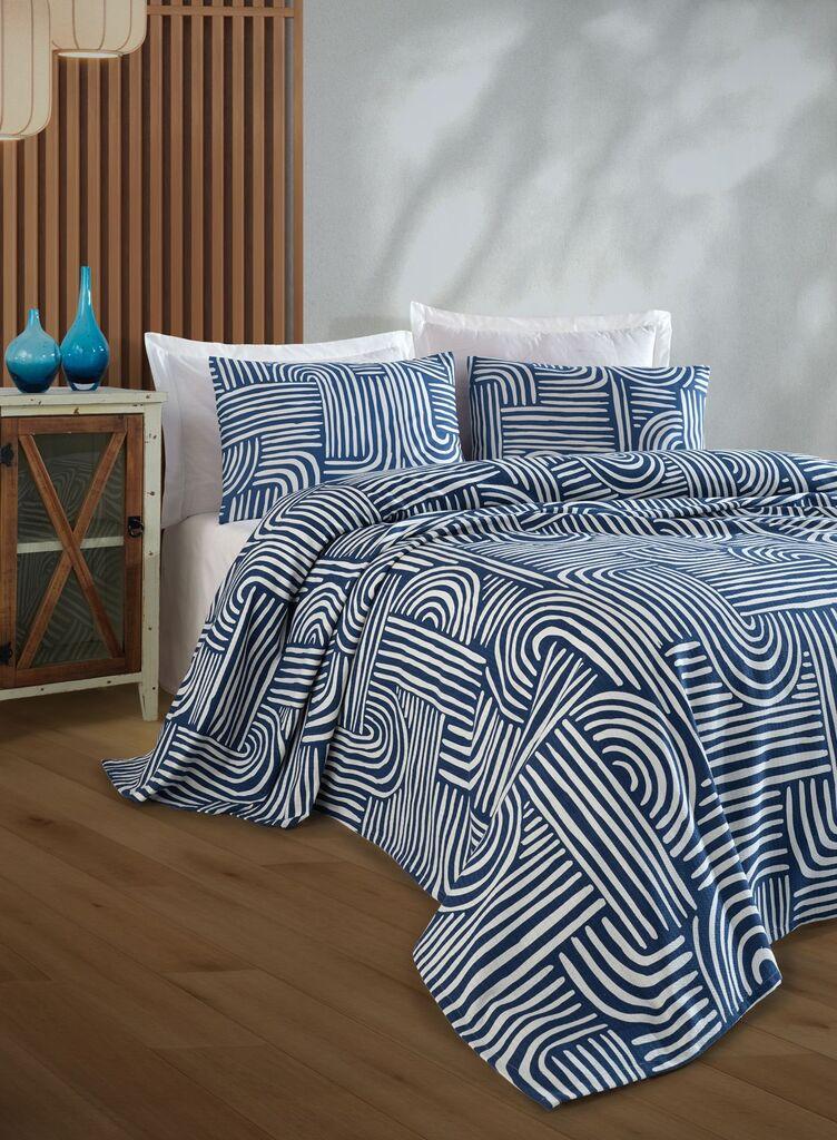 Комплет прекривки и навлаки за перници L'essentiel Maison, линиски цртежи, 200 x 230 см, сина