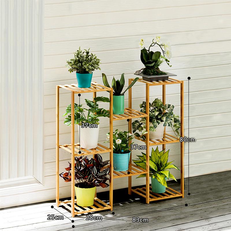HOME IDEA Сталажа За Цвеќе Од Бамбус-Троделна За 8 Саксии