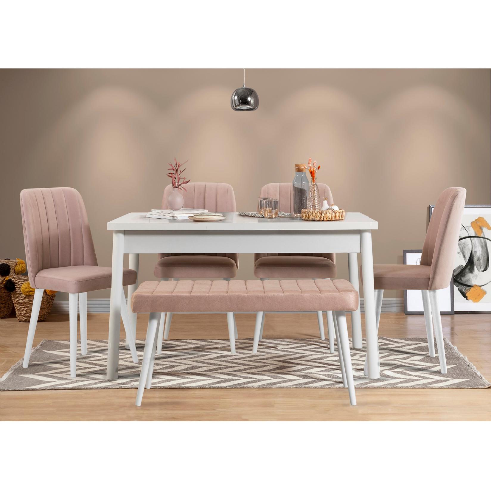 Hanah Home Гарнитура трпезариска маса, 4 трпезариски столчиња и клупа Costa 1070 Шарена