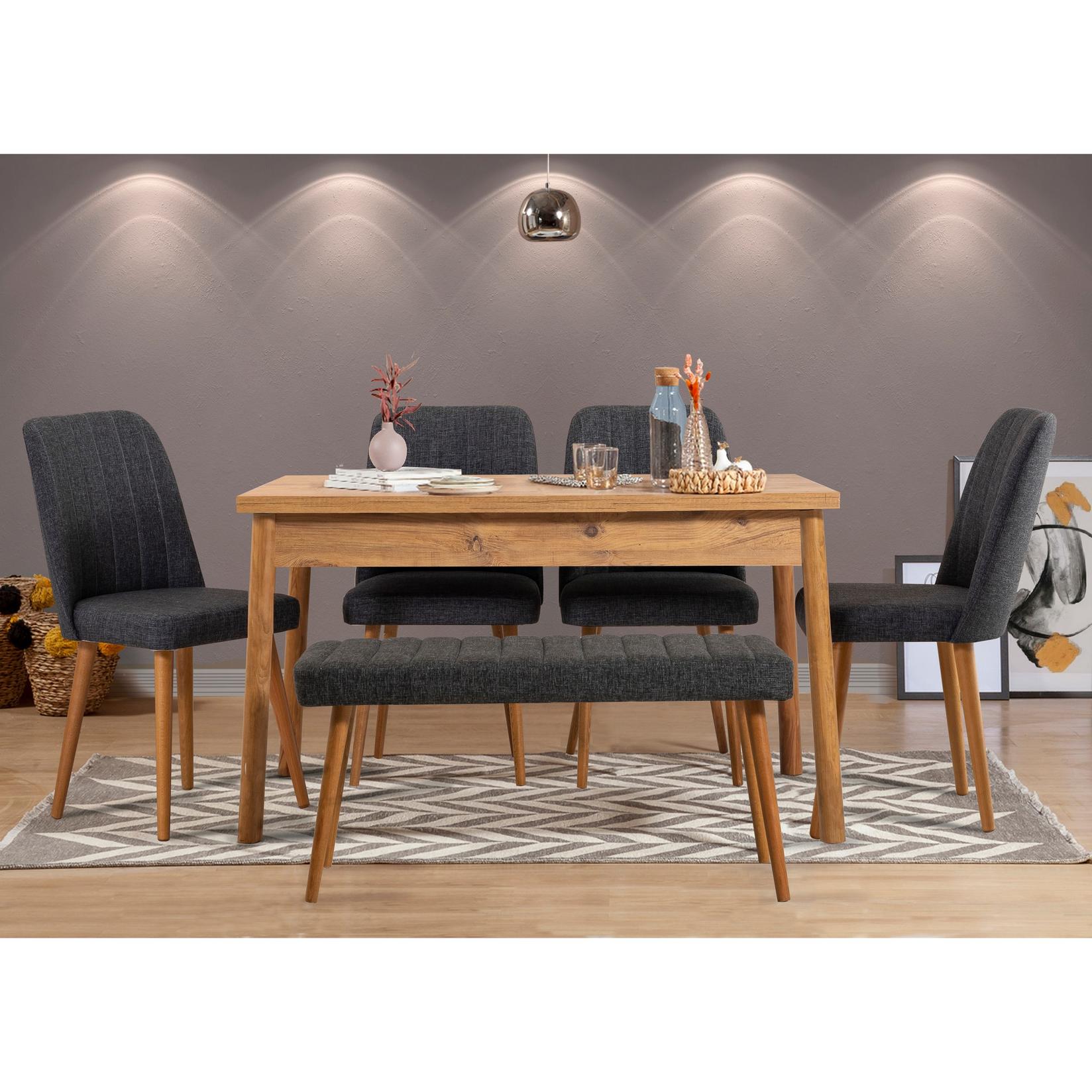 Hanah Home Гарнитура трпезариска маса, 4 трпезариски столчиња и клупа Costa 1070 Шарена