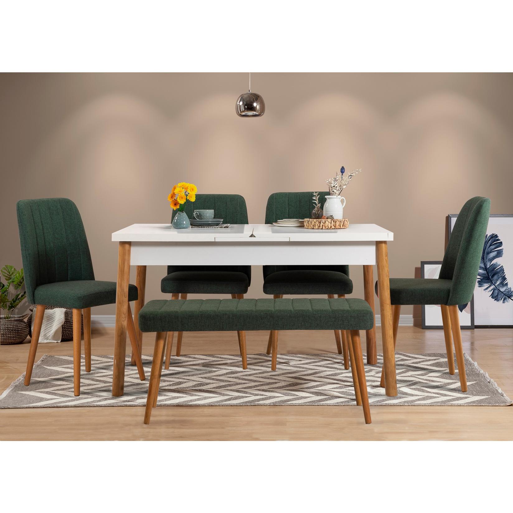 Hanah Home Гарнитура трпезариска маса, 4 трпезариски столчиња и клупа Santiago Beige-Tegut