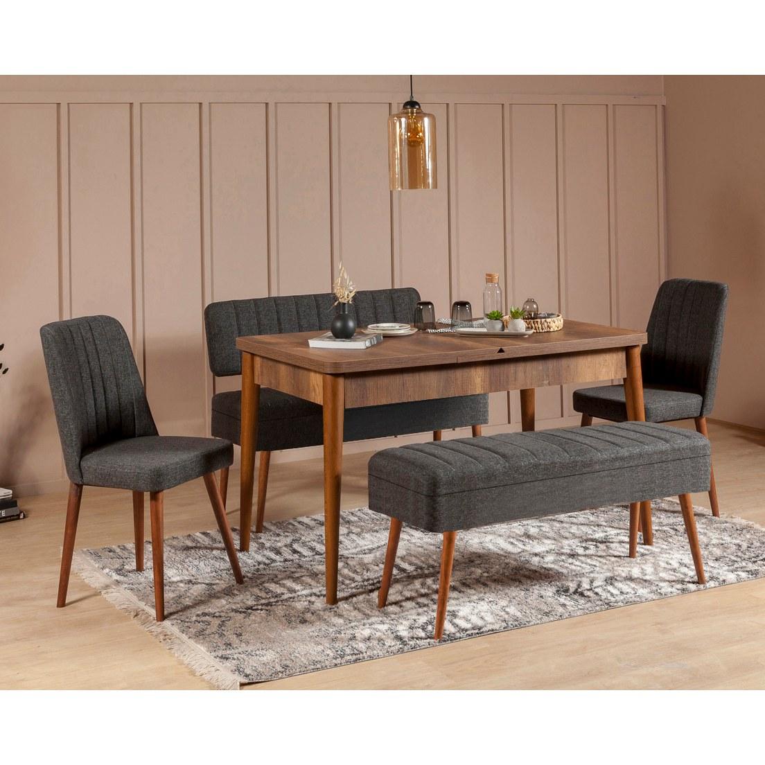 Hanah Home Комплет трпезариска маса, 2 трпезариски столчиња и 2 клупи Vina 0701 Беж-Антрацит