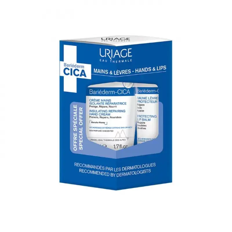 Комплет за нега на раце и усни Uriage Bariederm CICA, крем за раце, 50 мл + балсам за усни, 15 мл, 2 производи