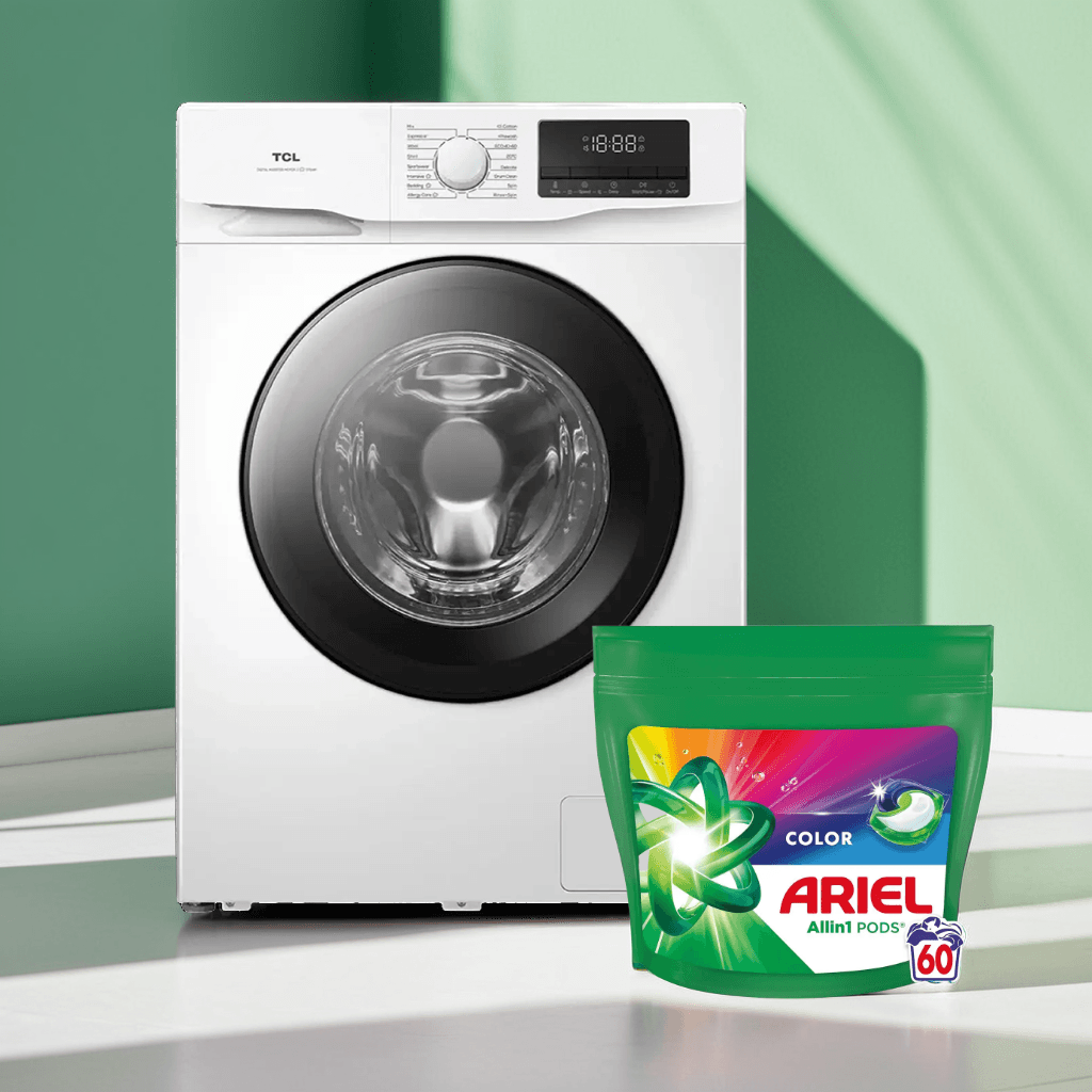TCL Машина за перење алишта, Инвертер FF0812WA0 , 8kg + ARIEL Капсули за перење Color 60 пар