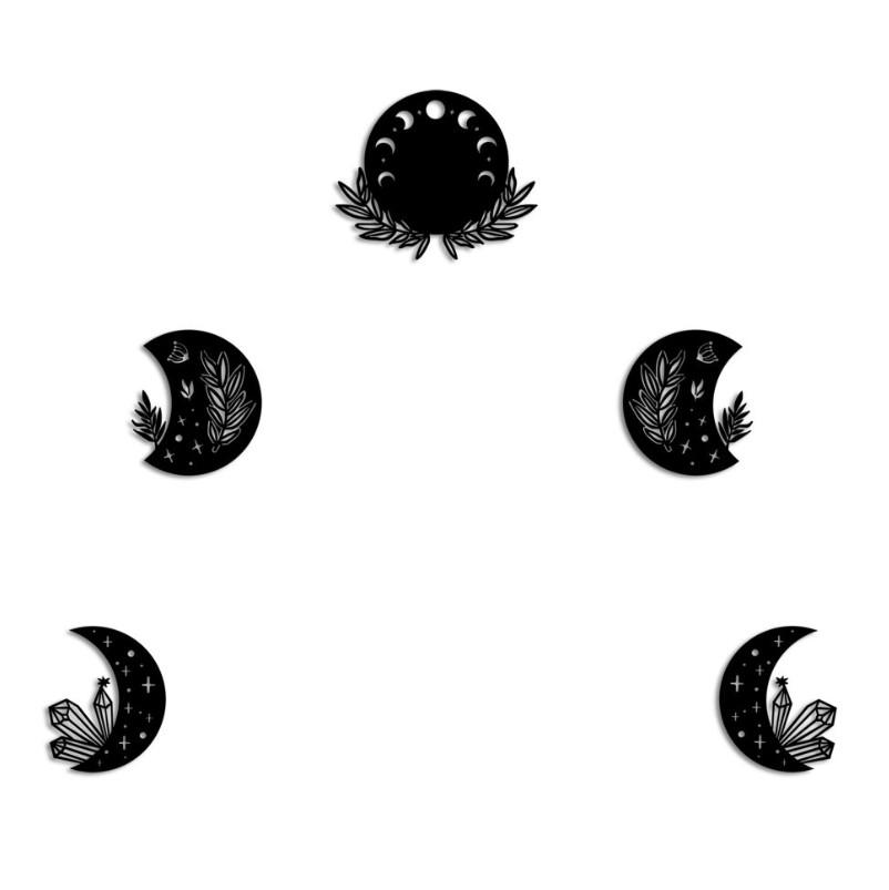 Wallxpert Dzидна декорација Фазите на Месечината, 5 парчиња, црна
