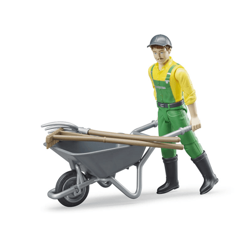 BRUDER Bworld фигура земјоделец со количка и алат (4+)