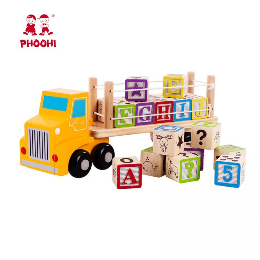 PHOOHI Дрвена играчка коцки камион со alphabet