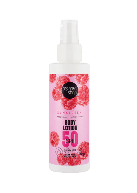 ORGANIC SHOP Водоотпоренлосион за тело spf50 со екстракт од малина, 150мл