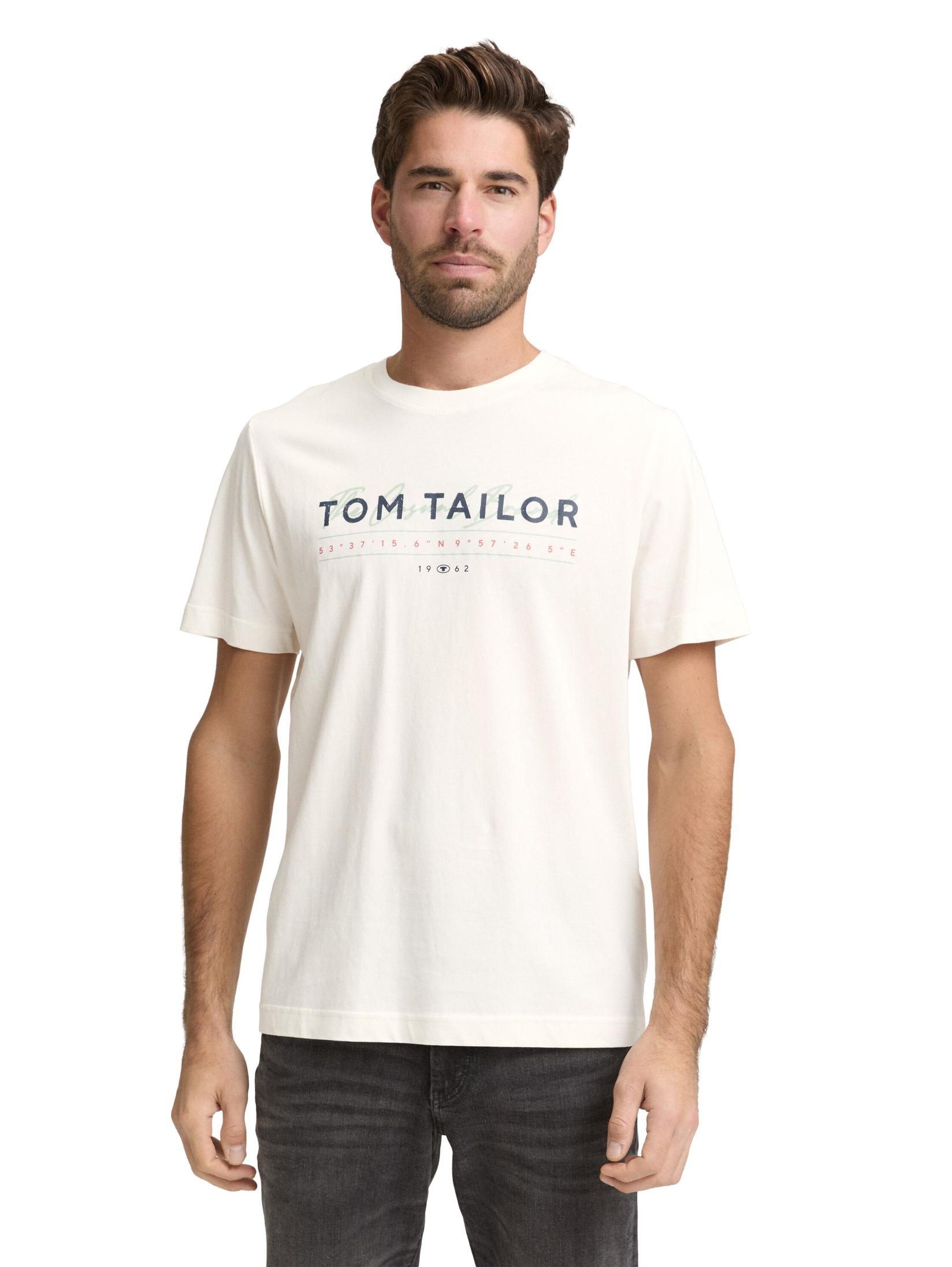 Tom Tailor Машка маица 1050136, со кружен изрез, бела