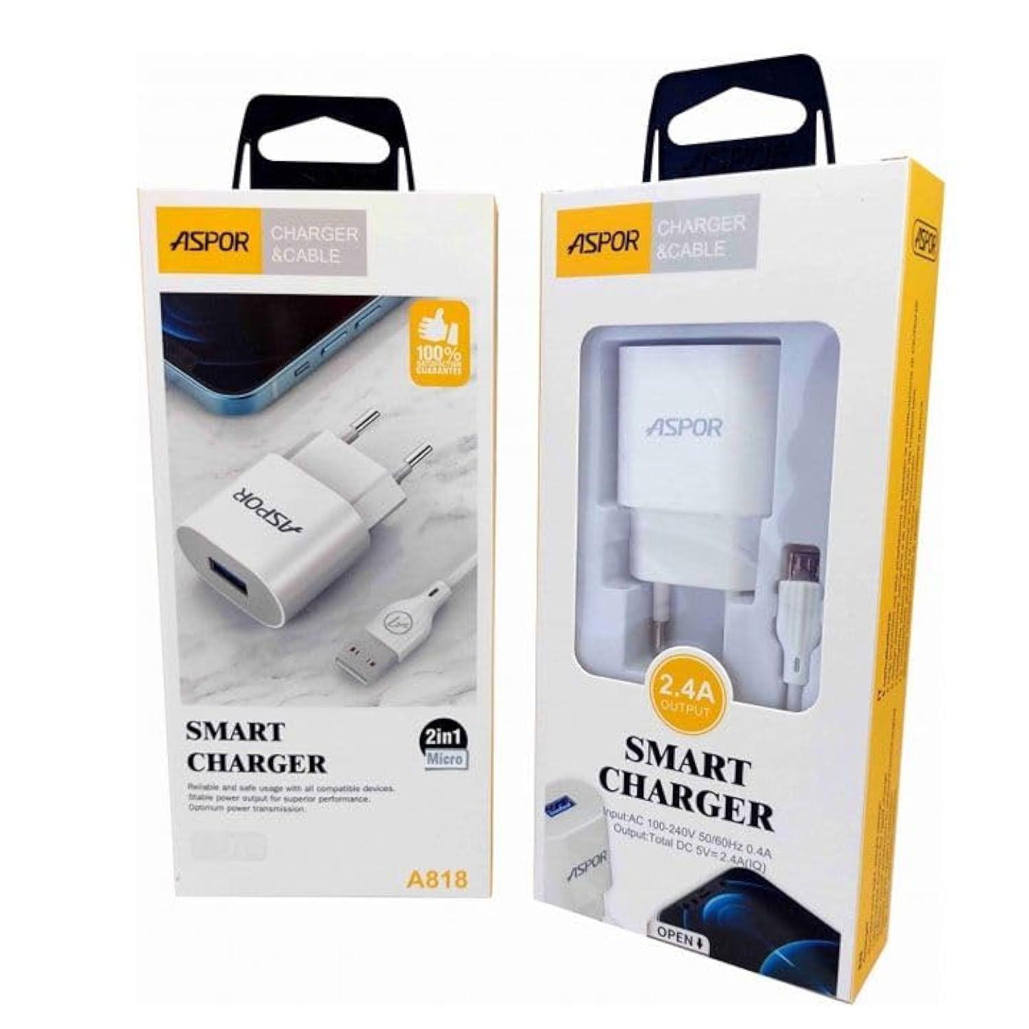 Aspor A818 Полнач 2.4A USB A + micro USB кабел