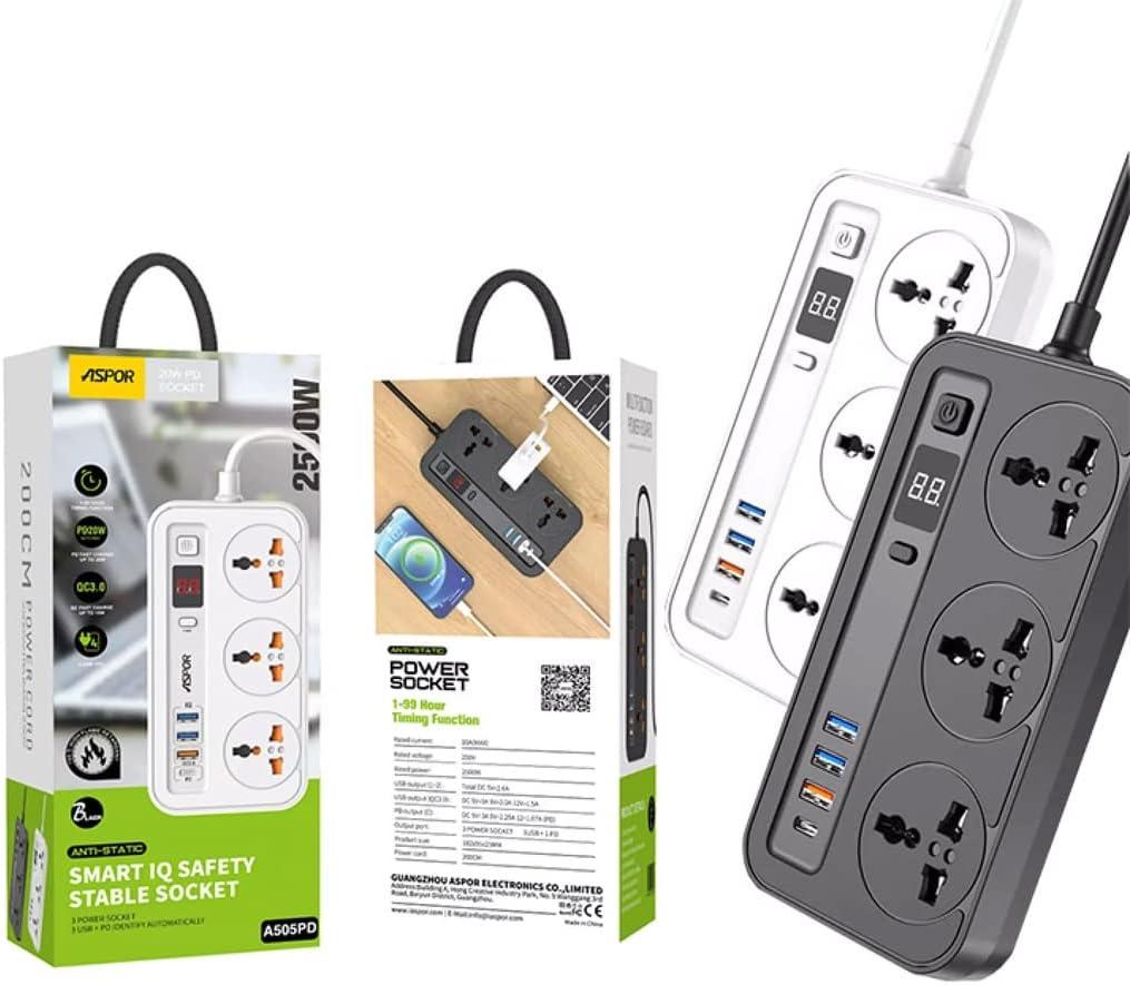 ASPOR Продолжен Кабел A505PD 2500W 3 Приклучоци 3 USB 1PD 20W 2m