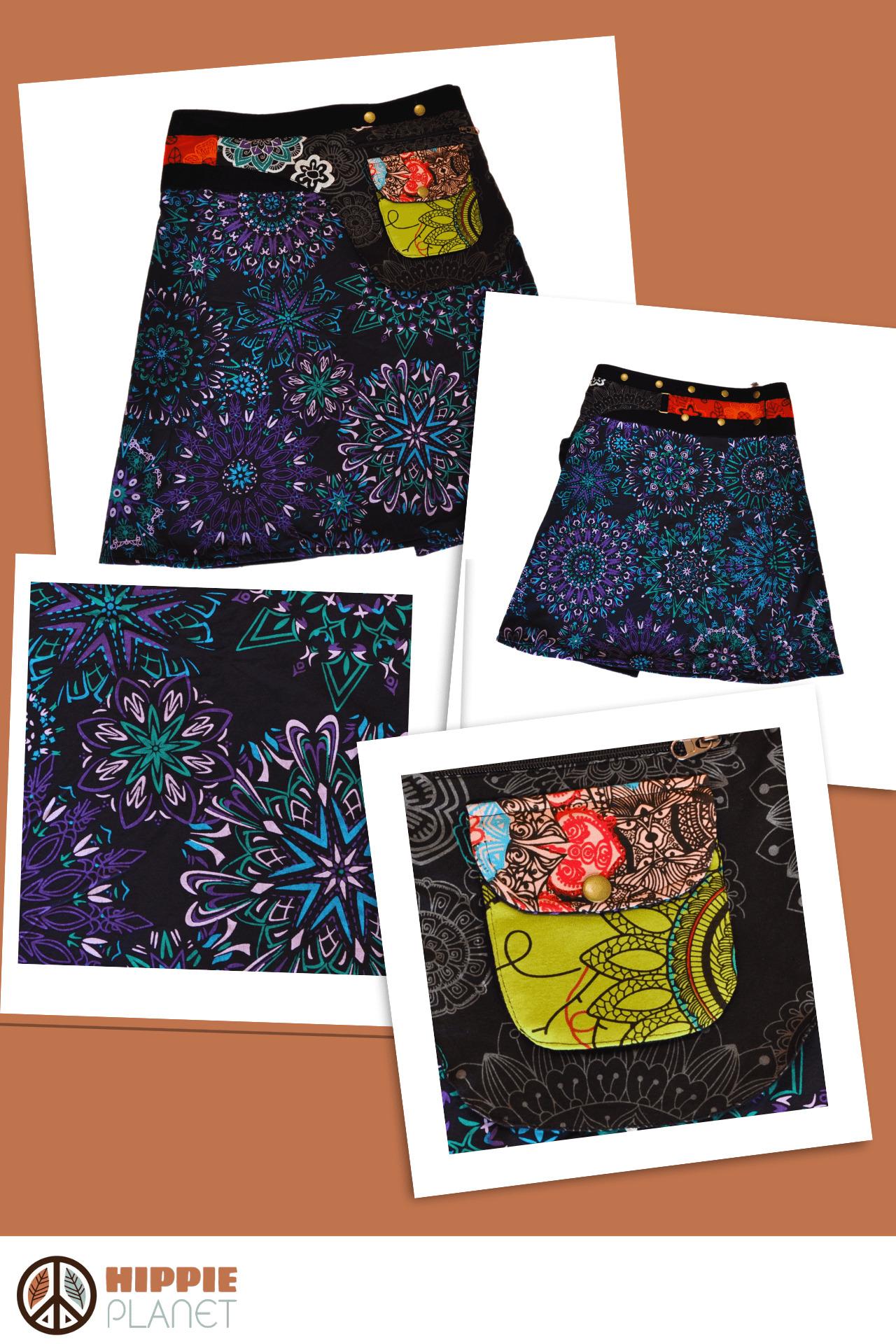 HIPPIE PLANET Миди памучно здолниште со џеб сличен на ташничка, црна - шарена