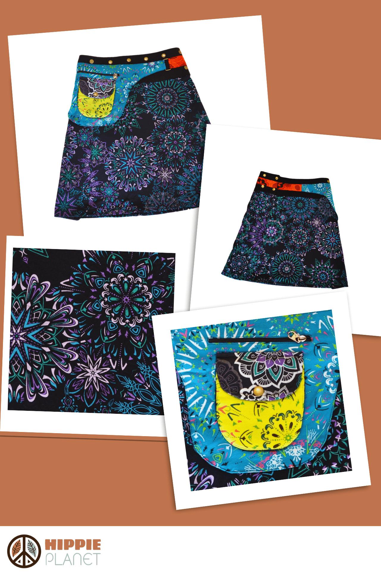 HIPPIE PLANET Миди памучно здолниште со џеб сличен на ташничка, црна - шарена 1